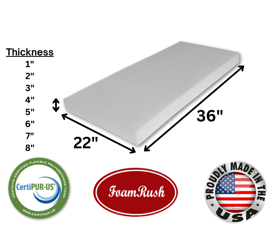 FoamRush 22" x 36" High Density Upholstery Foam Seat Cushion Medium Firm USA