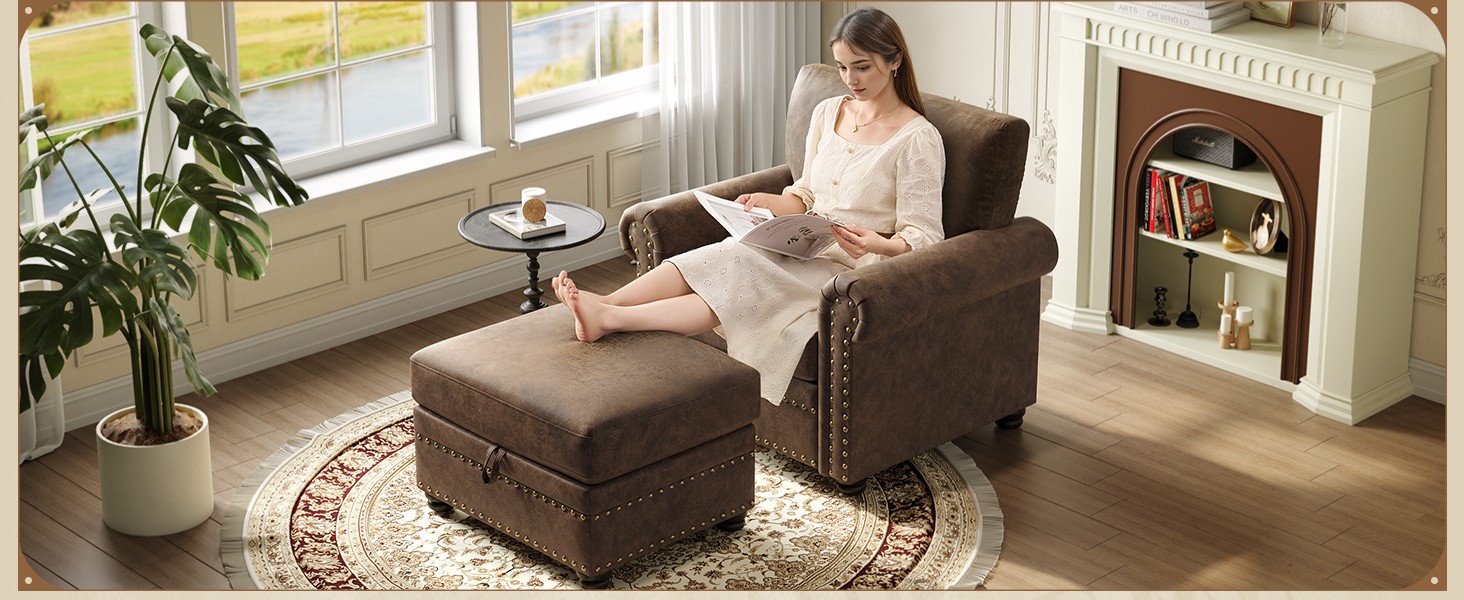 Faux Leather Ottoman with Storage, Rectangle Ottoman Coffee Table with Nailhead