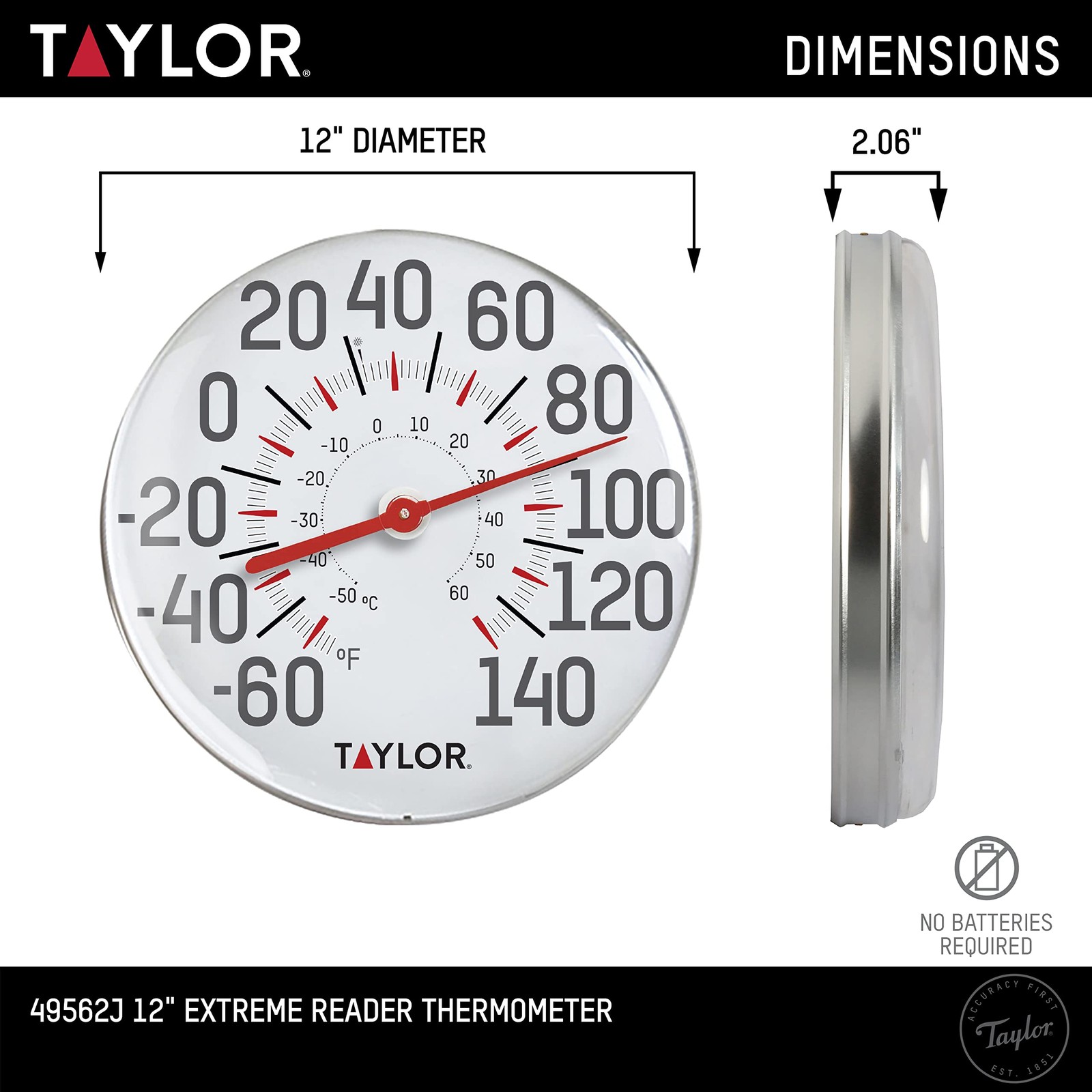Taylor Metal Wall Indoor Outdoor Thermometer, Wireless 12 inches, White