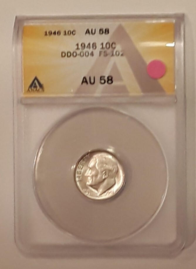 ERROR. 1946 SILVER ROOSEVELT  DIME, DDO-004, FS-102. ANACS AU58.