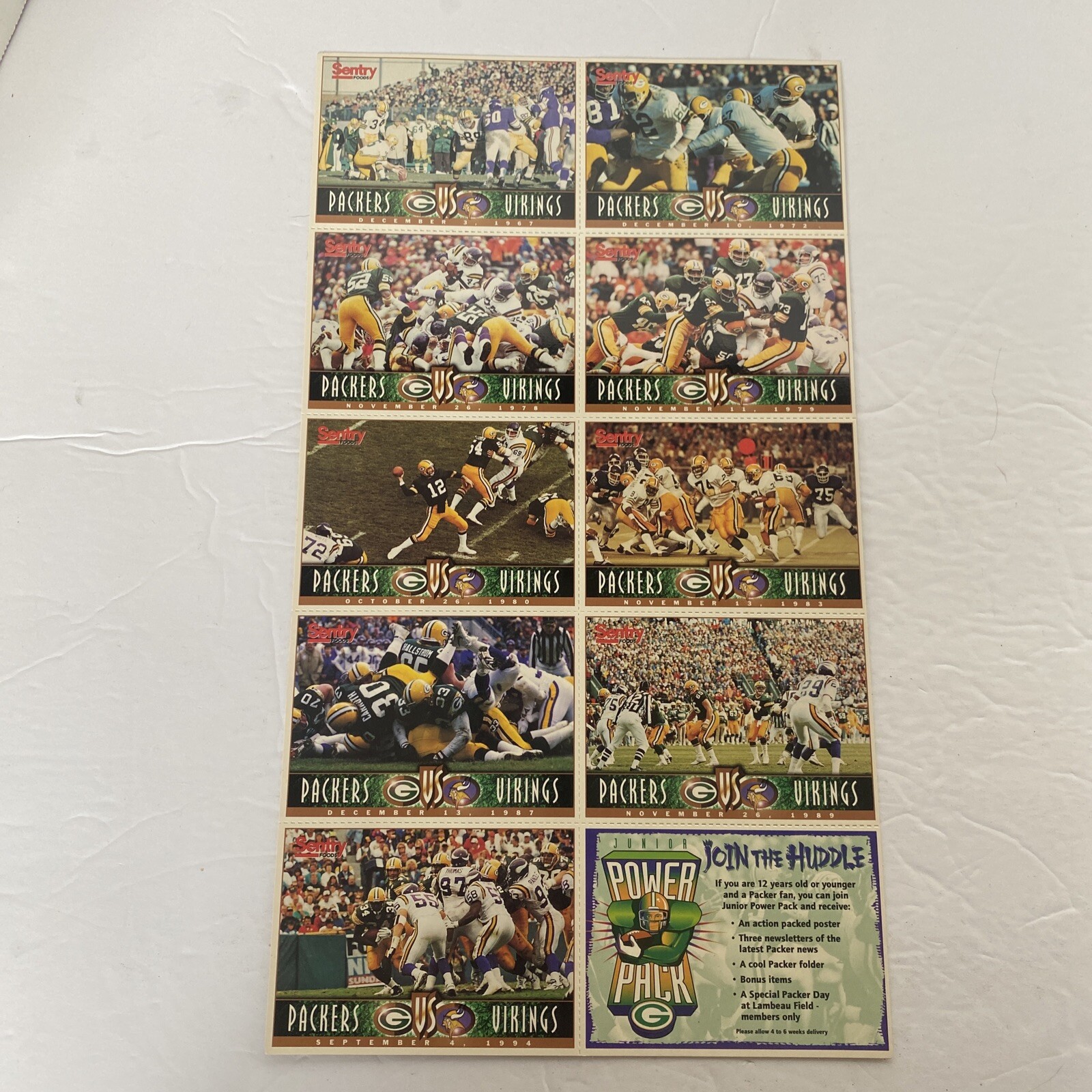 Green Bay Packers Sentry Foods Junior Power Pack Card Set Uncut Sheet
