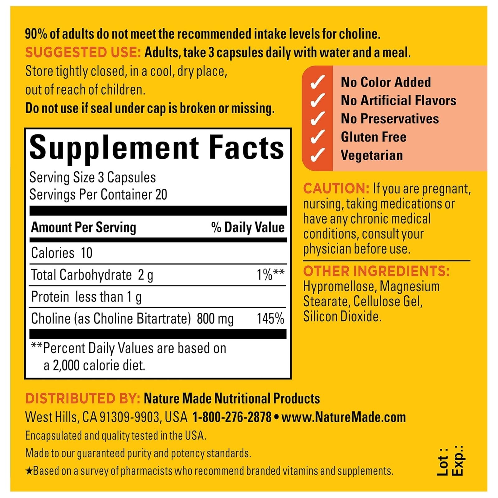 Nature Made Extra Strength Dosage Choline Supplements 800 Mg Per 3 Capsules, Bra