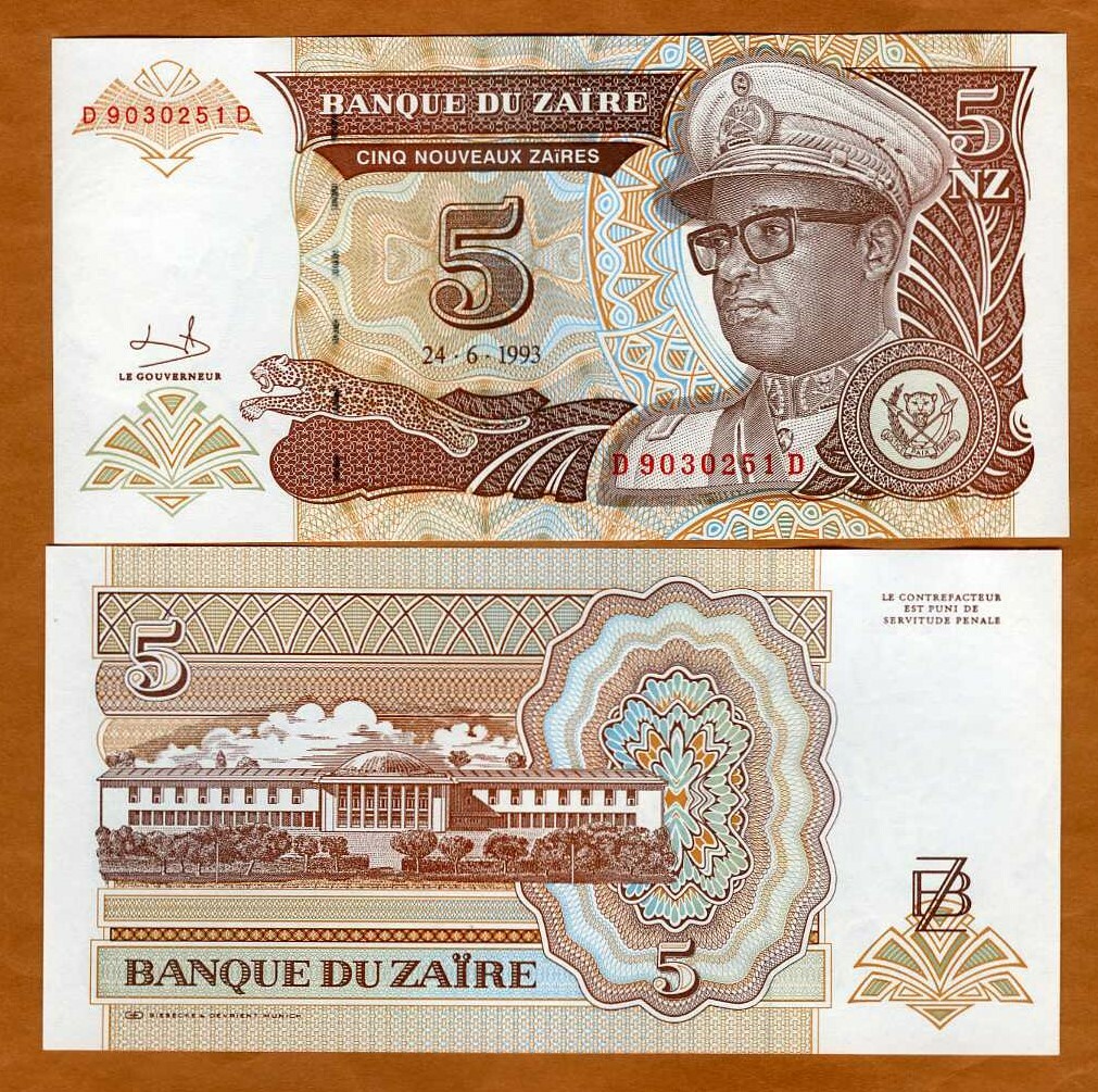 Zaire, 5 New Zaires, 1993, P-53, UNC Mobutu