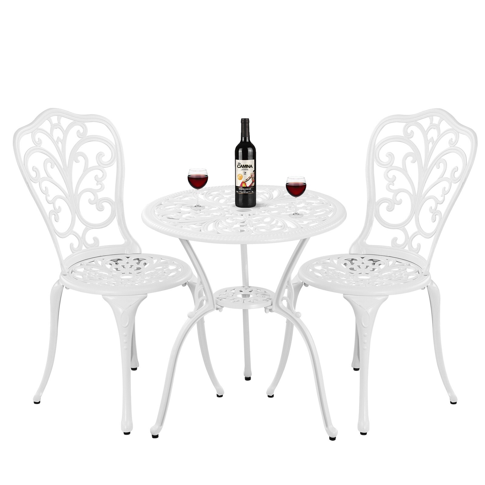 3 Piece White Cast Aluminum Outdoor Bistro Set Table and 2 Chairs