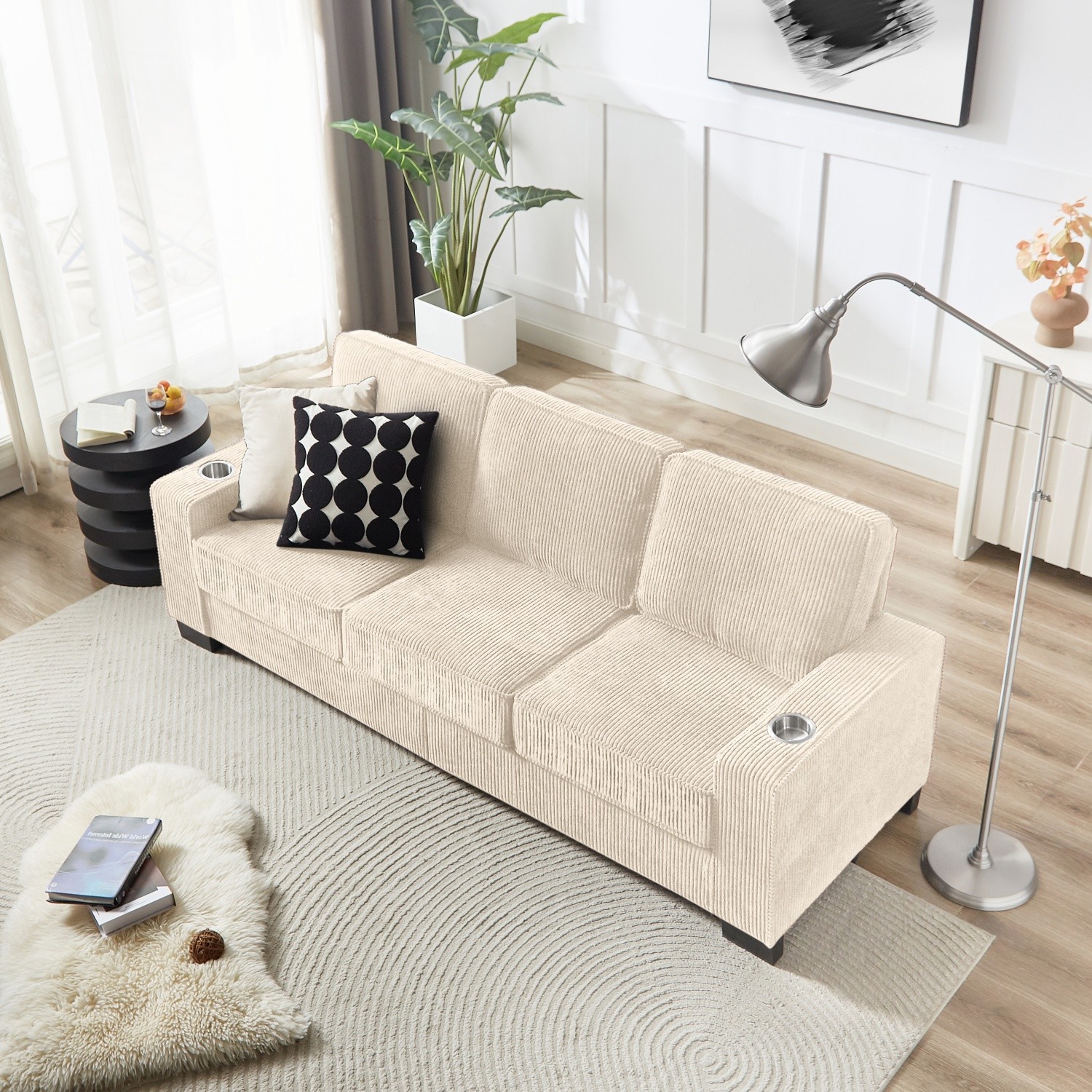 3 Seater Sofa Corduroy Upholstered Sofa Couch w/ 2 Cup Holders for Living Room