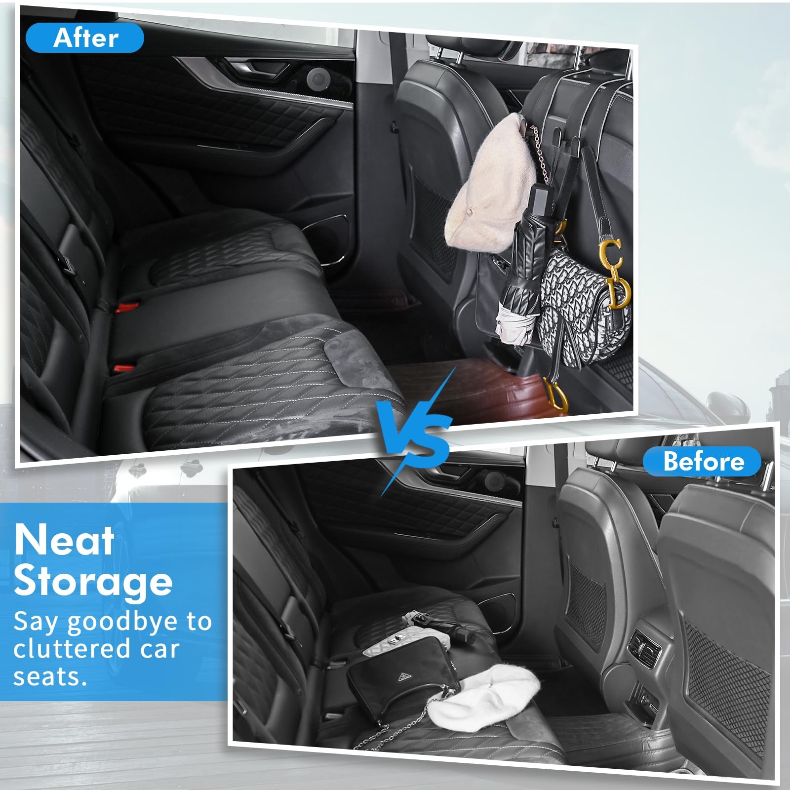 Car Hooks for Headrest, Leather Seat Back Storage Organizer Black-2 Pack