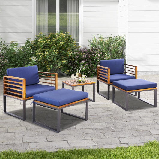 5 Piece Patio Acacia Wood Chair Set with Ottomans and Coffee Table-Navy - Color: