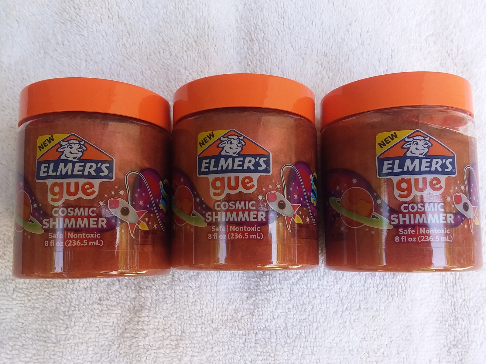 Lot Of 3 Elmer's GUE Pre Made Slime Cosmic Shimmer Glitter Slime Red/Orange ~New
