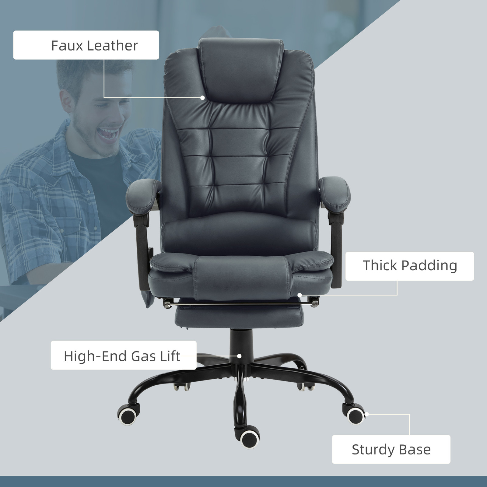 PU Leather Massage Computer Chair w/ Padded Seat and Adjustable Height, Blue