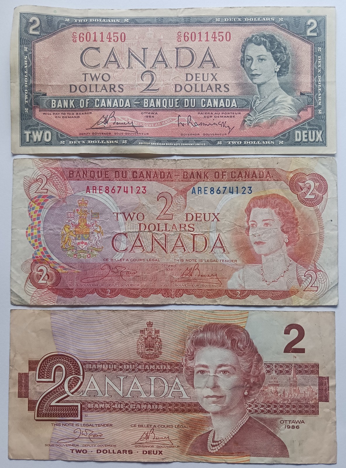 Lot Of 3 Canada Circulated $2 Banknotes (1954, 1974, 1986)