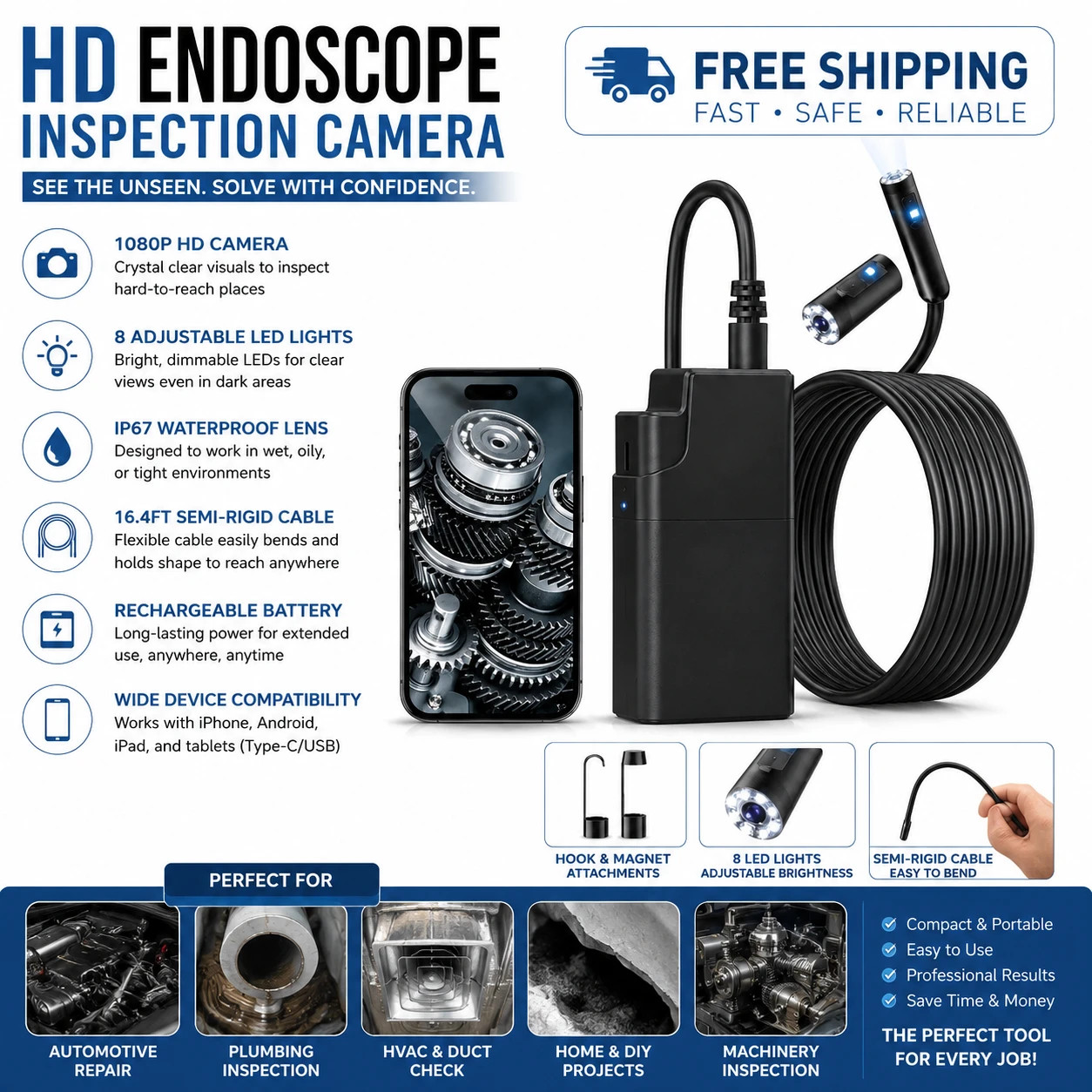 Wireless Endoscope Camera 2560P HD Dual Lens WiFi Borescope 16.4FT IP67
