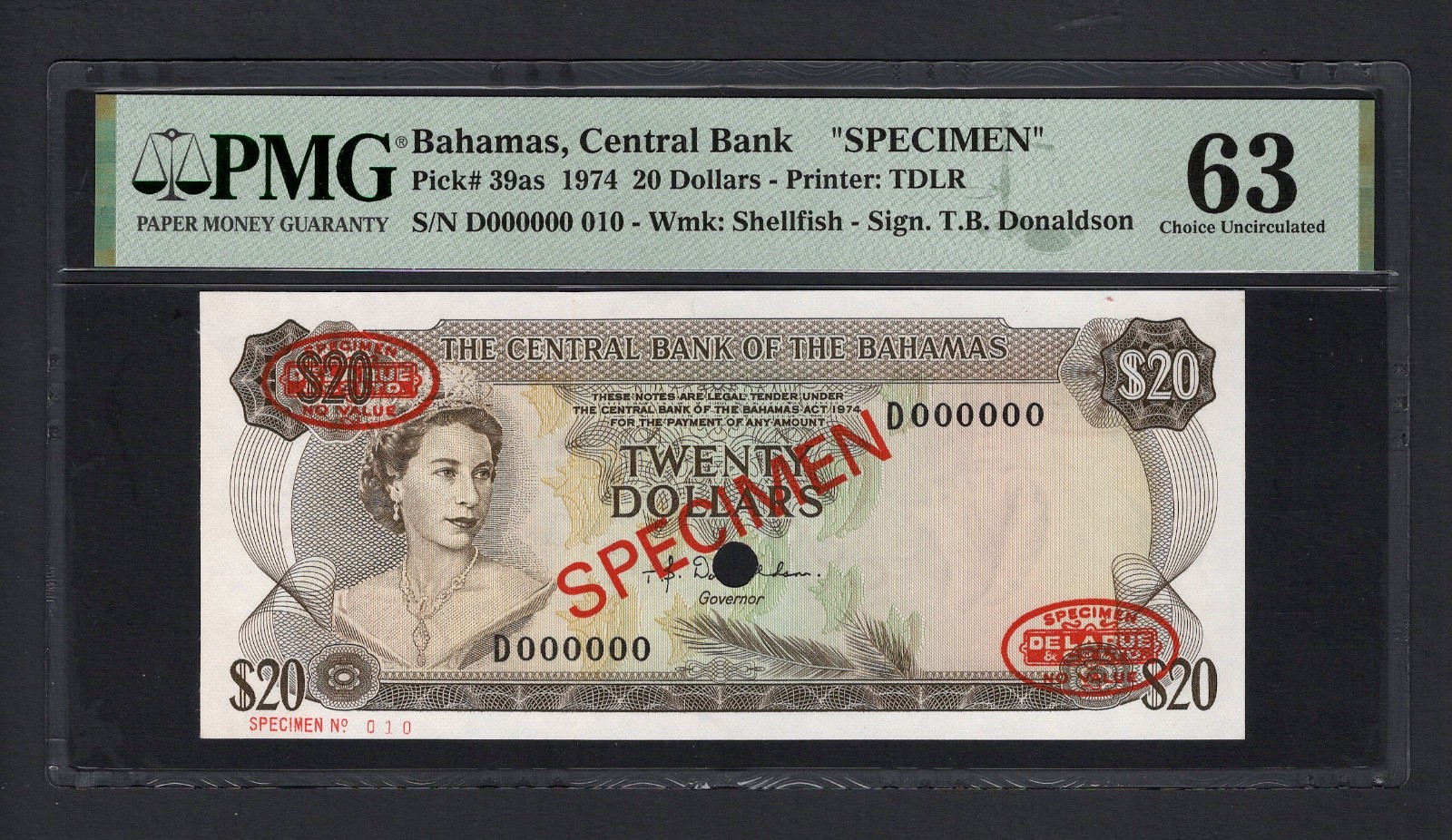 Bahamas 20 Dollars 1974 P39as "Specimen"  Uncirculated Grade 63