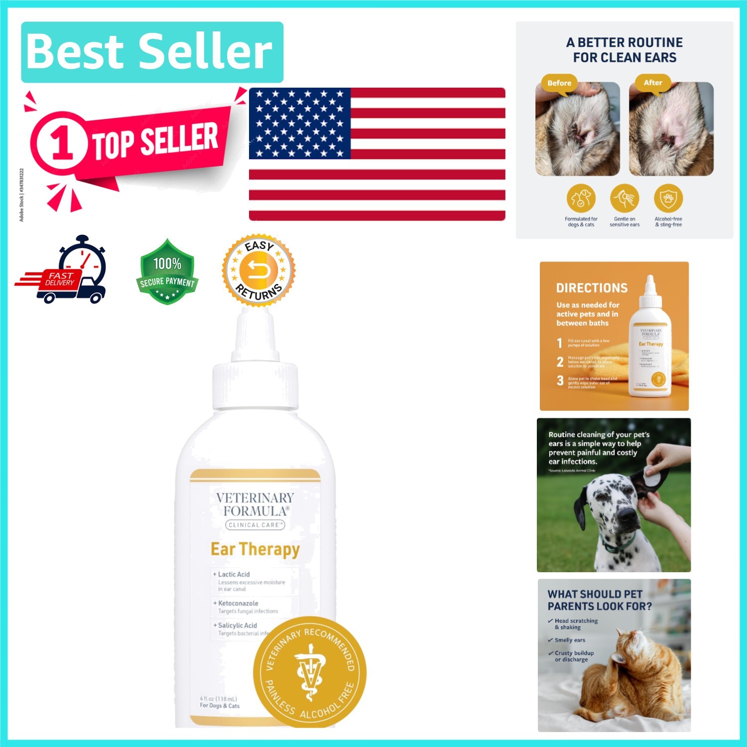 Alcohol-Free Clinical Care Ear Therapy 4 oz - Daily Ear Cleanser for Pets