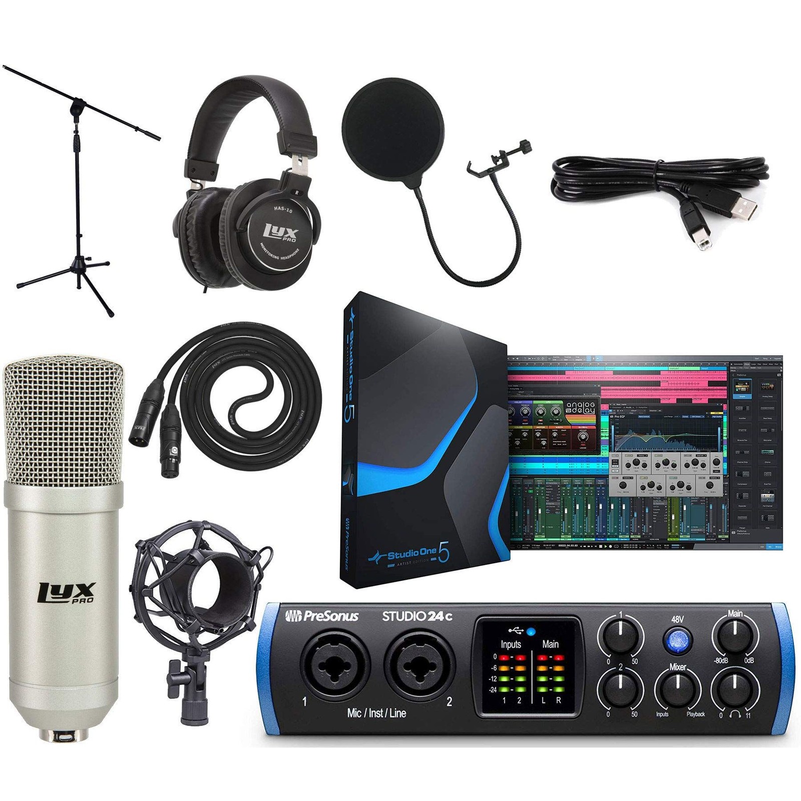 PreSonus Studio 24c USB-C Audio Interface Bundle w/ MIDI, Pro Studio Recording