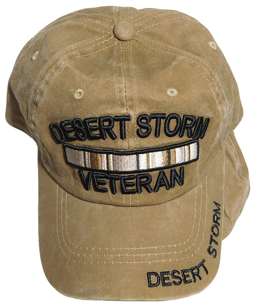 Desert Storm Veteran Ribbon Khaki Tan Cotton Embroidered Cap Hat - Licensed