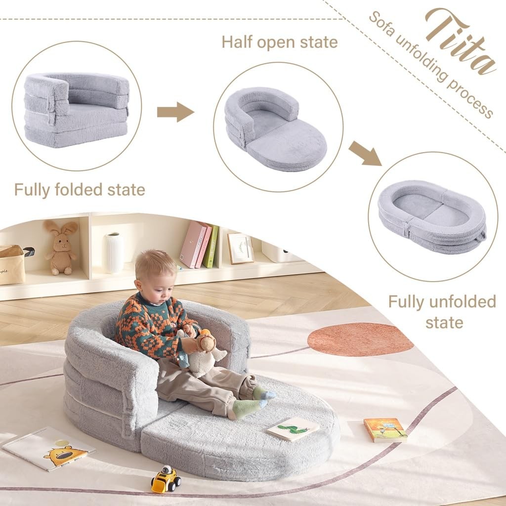 3-in-1 Kids Sofa Bed, Comfy Couch Plush Toddler Chair Bed, Convertible Toddle...