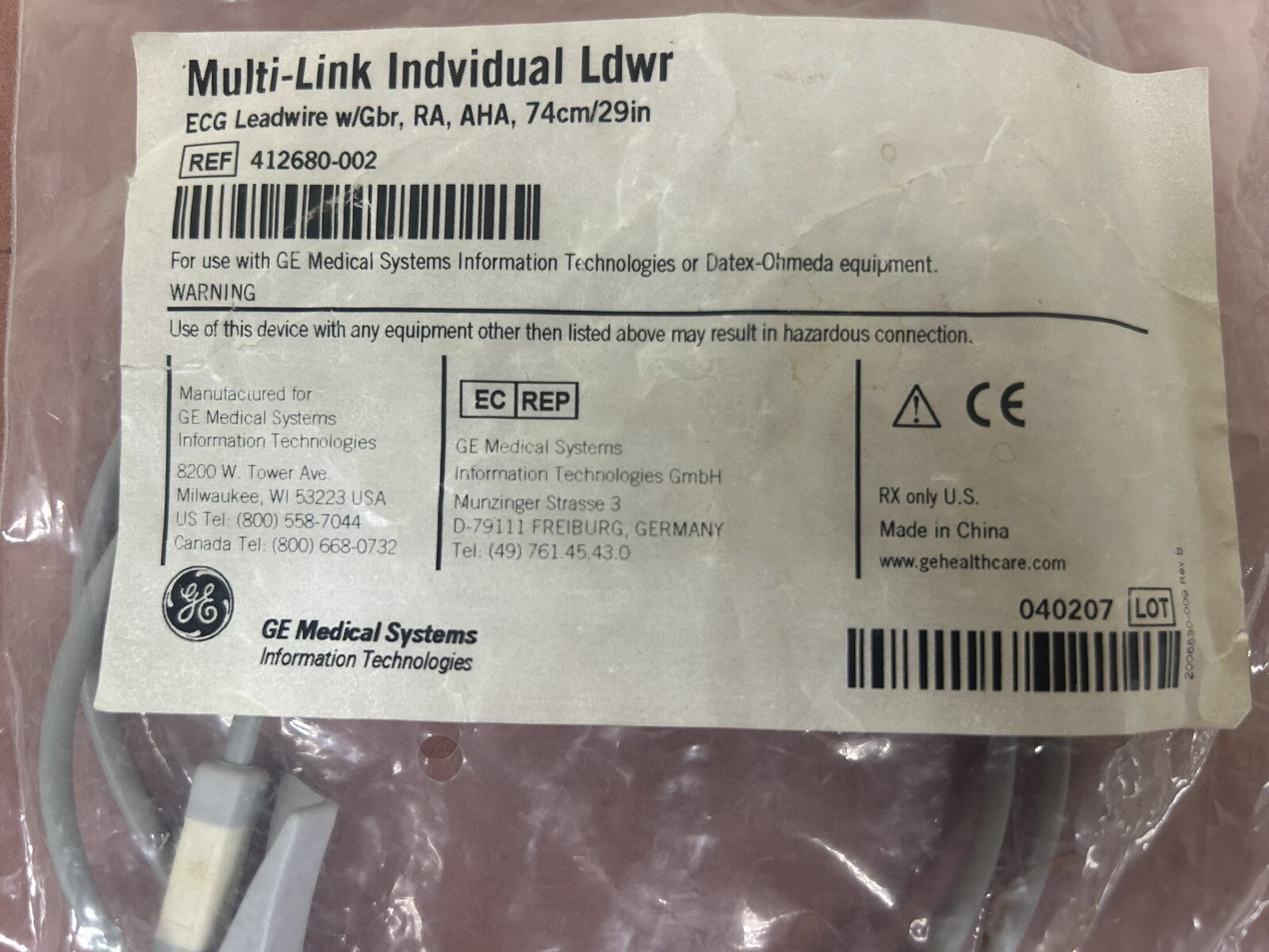 GE Multi-Link Individual ECD Leadwire 29” Ref- 412680-002