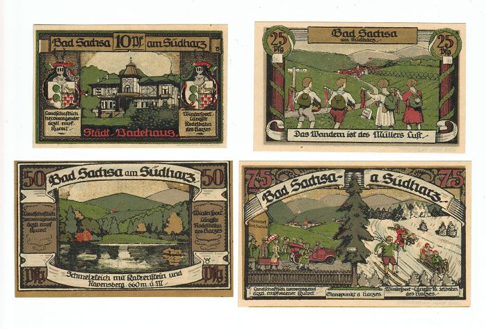 SET OF 4 GERMANY NOTGELD 10.25.50.75 PFENNIG BAD SACHSA 1921 UNC