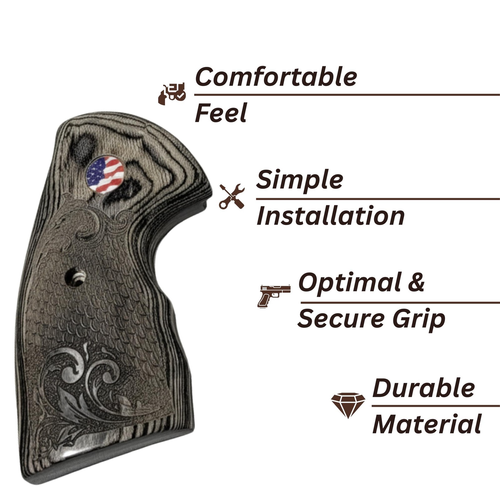 Colt Python Grips Black Rosewood Scroll & Scales US Flag Medallion