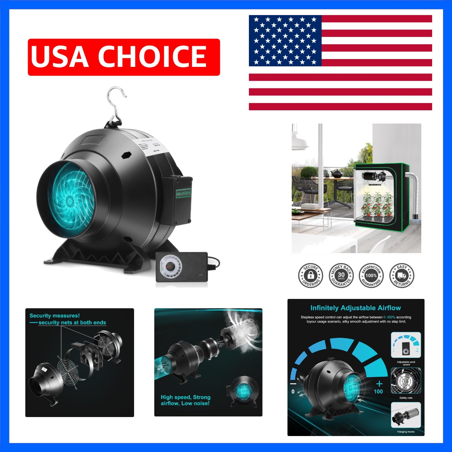 4" 190 CFM Inline Duct Fan with E12 Speed Controller, Ventilation Exhaust Fan...
