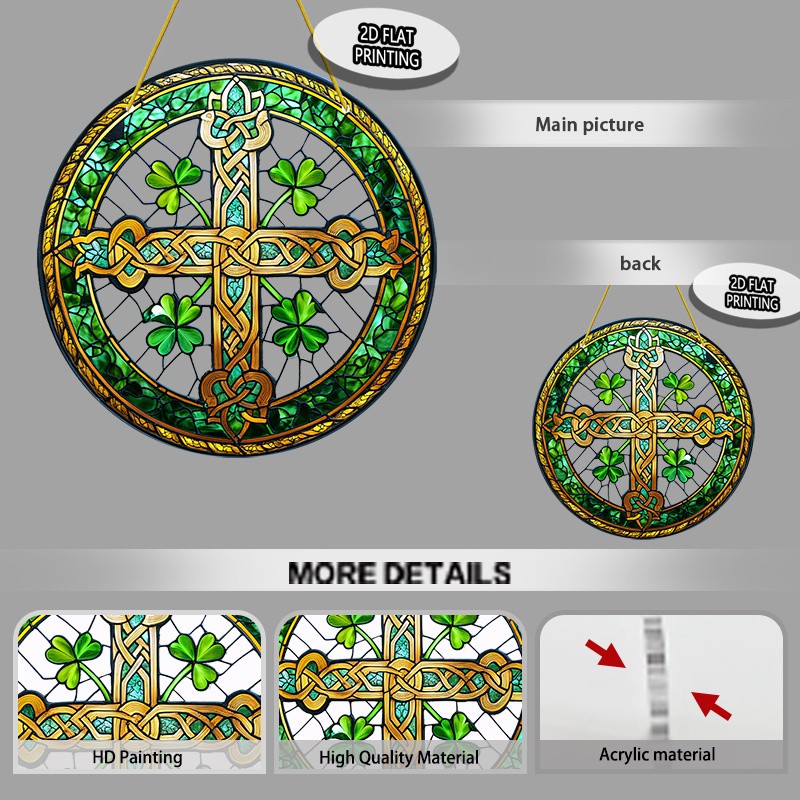 St Patricks Day Celtic Cross Acrylic Suncatcher Shamrock Pattern Round Decor