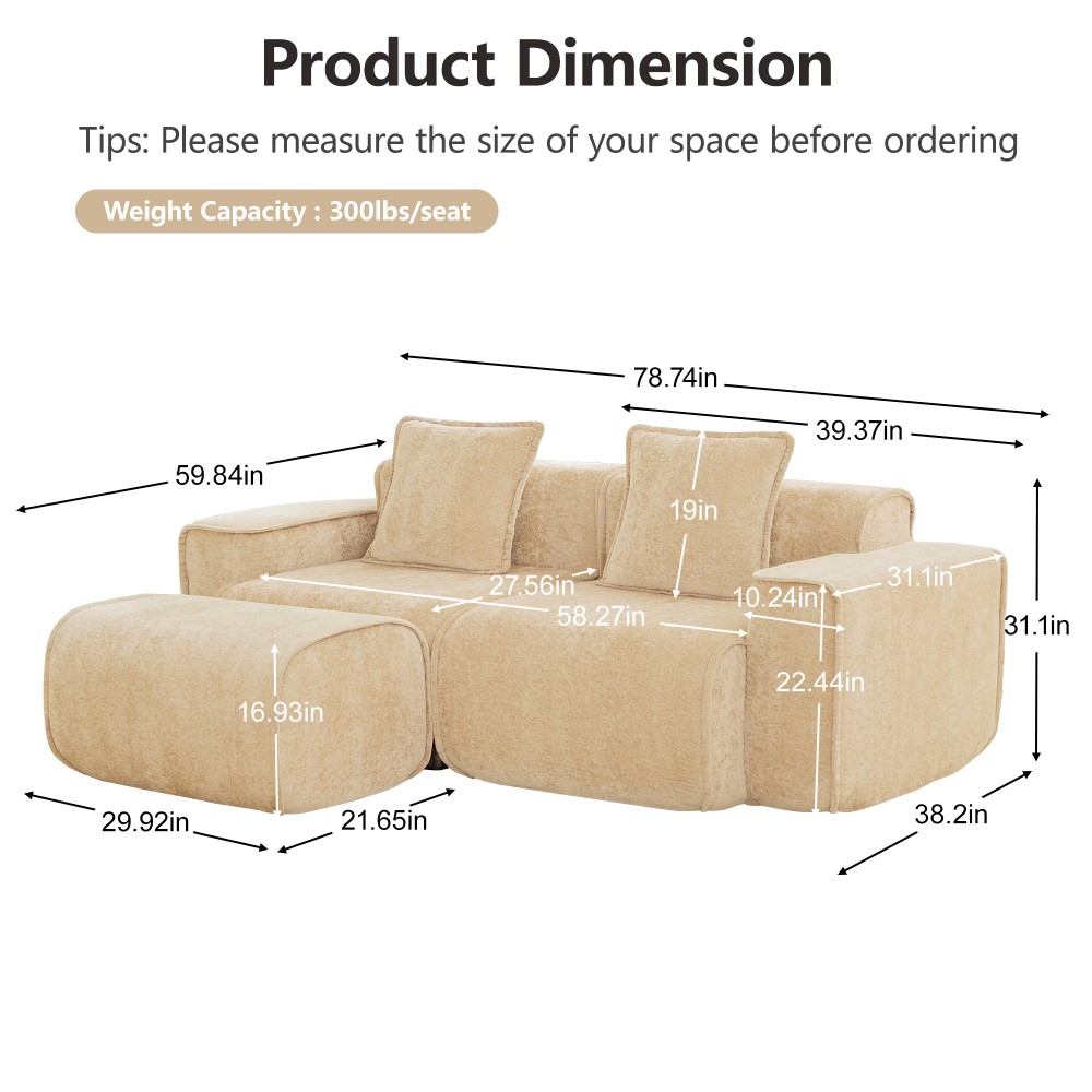 Modular 2-Seat L-Shape Sectional Sofa w/ Ottoman, Velvet Light Camel