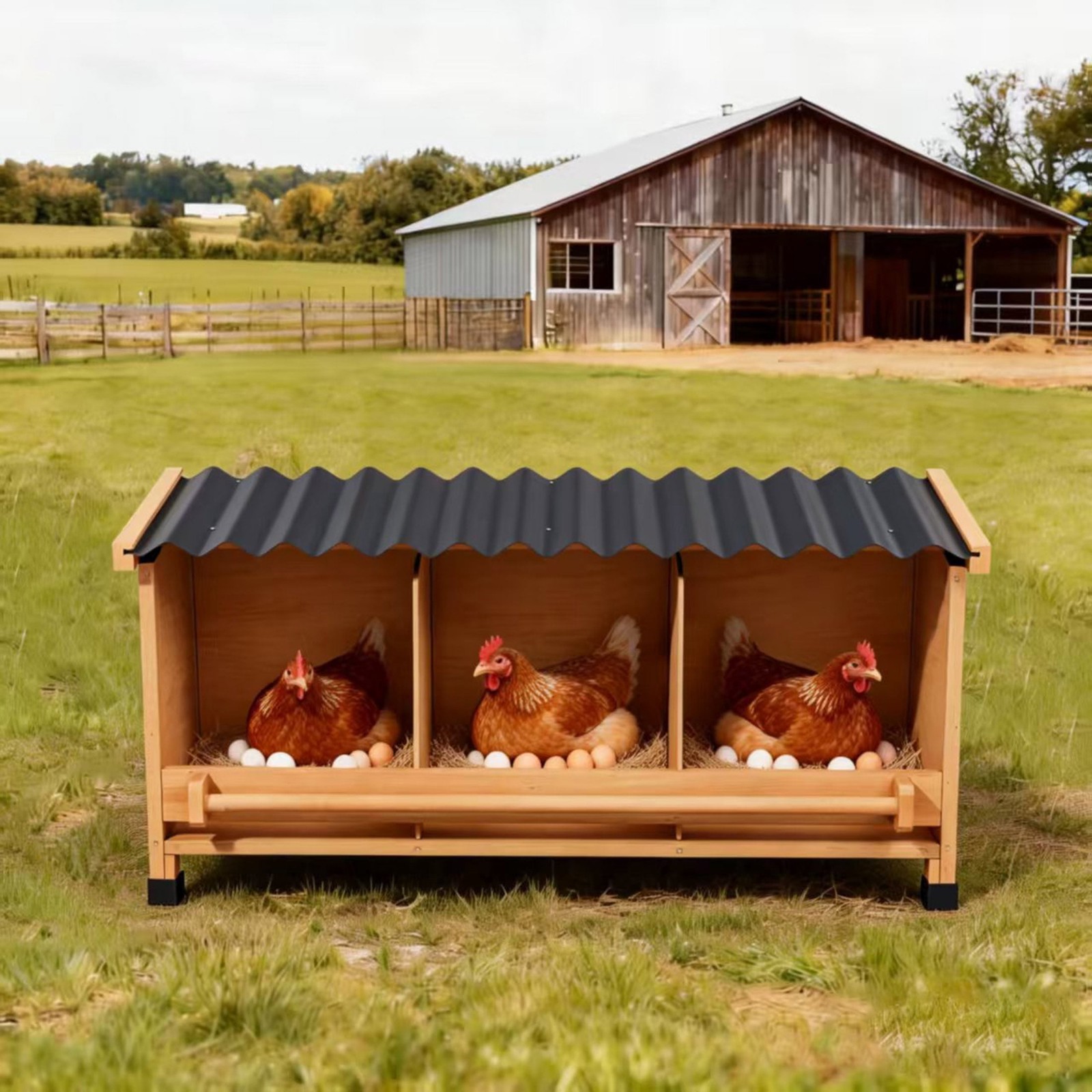 Wooden Chicken Nesting Boxes with Entry Perch and Privacy Panel Fits 6 Hens