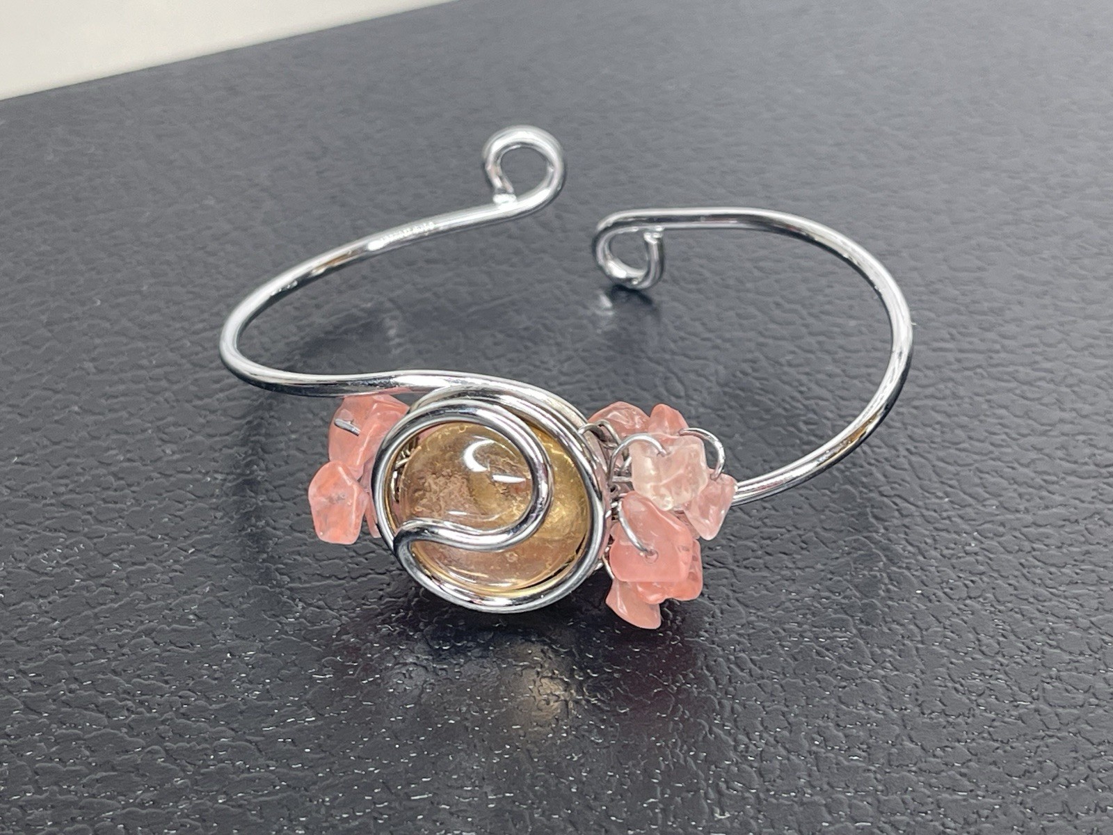 Artisan Silver Wire Wrap Bracelet Light Pink Stone & Peach Mini Stones