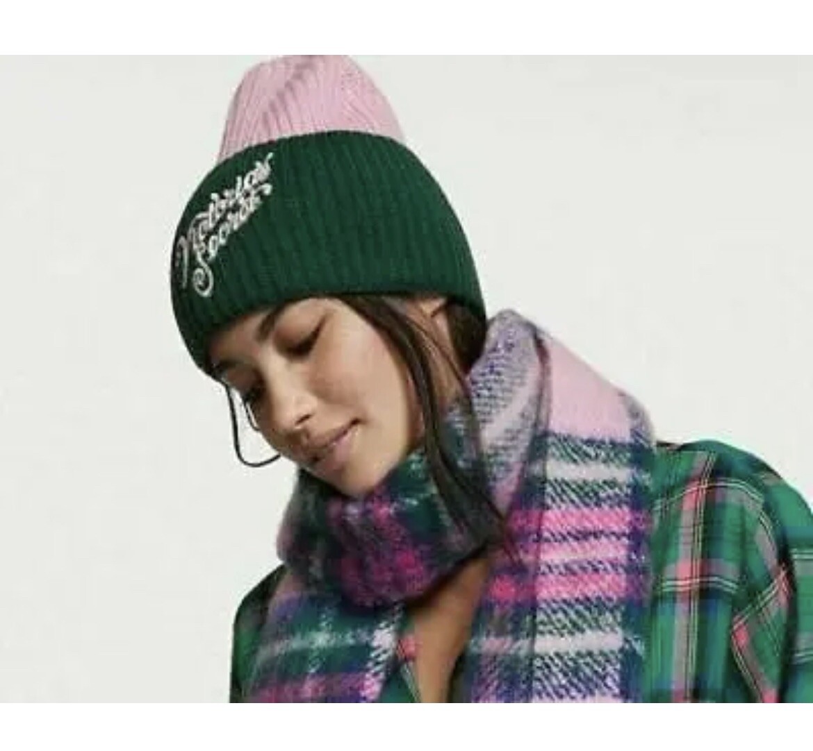 Victoria's Secret Colorblock Knit Winter Beanie Hat Pink Green Flora SHINE LOGO