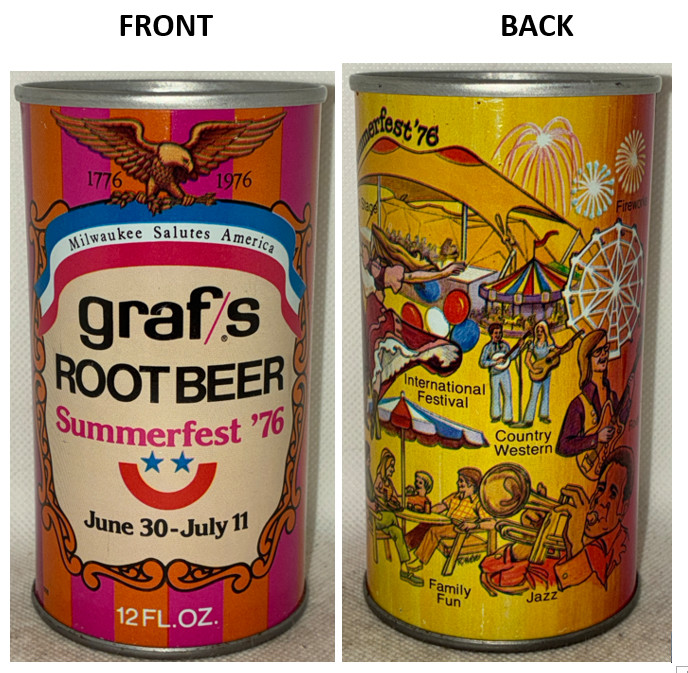 1 can, 1976 Milwaukee Summerfest Graf's Root Beer soda can, bottom opened
