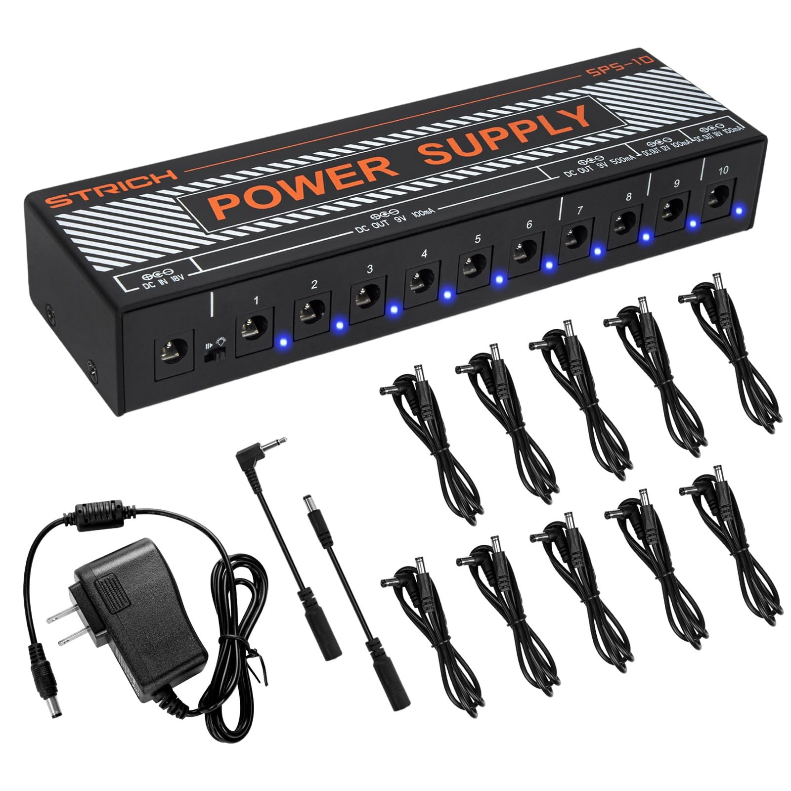 Guitar Pedal Power Supply, 10 Independent DC Output for 9V/12V/18V Effect Ped...