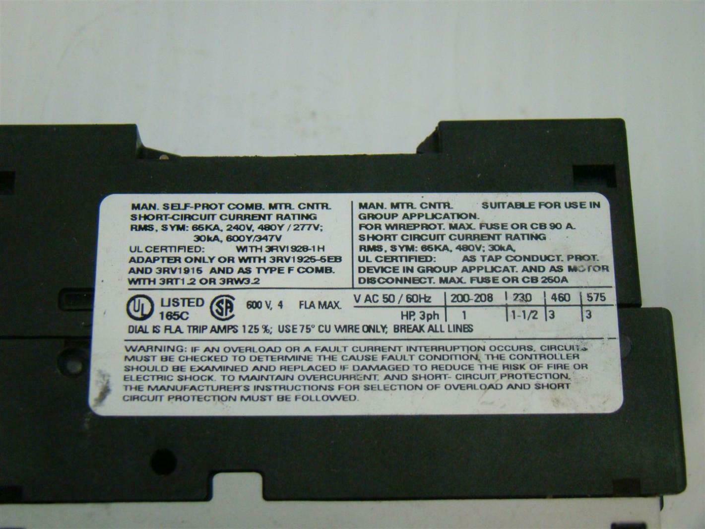Siemens Motor Overload Protector 200/208V 3ph 3RV1021-EA15
