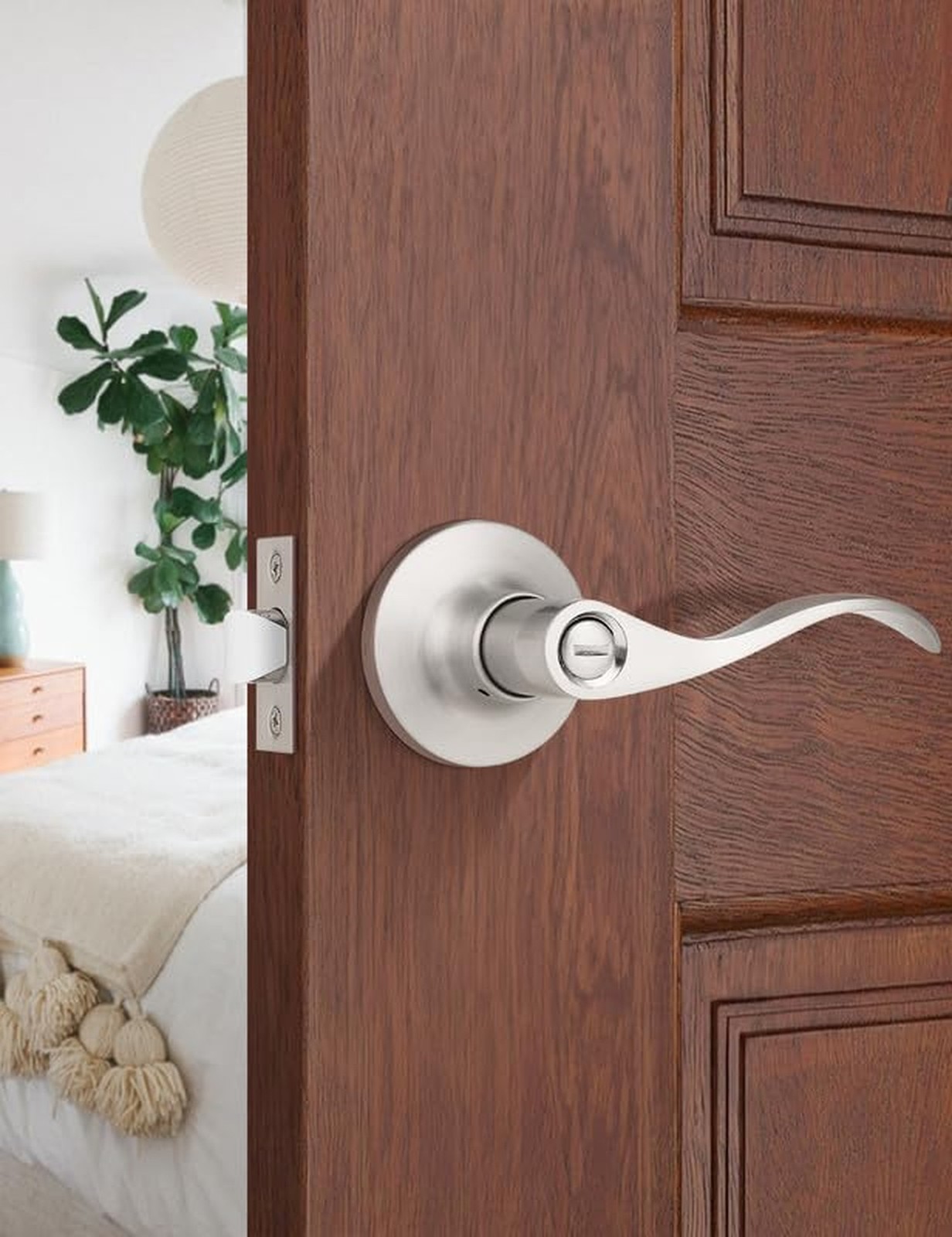 Mengico 1 Pack Satin Nickel Privacy Door Lever, Modern Interior Door Knobs Lo...