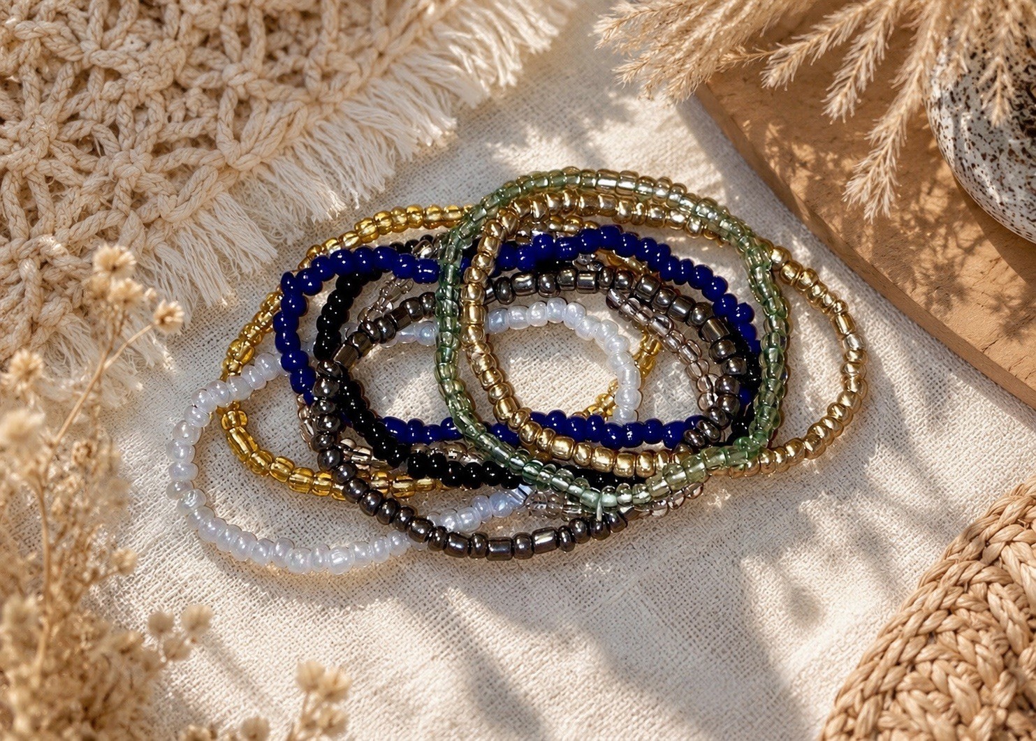 Lot of 8 Handmade Glass Seed Beaded Bracelets Various Colors