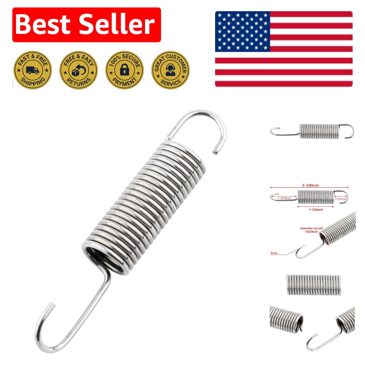 Durable 304 Stainless Steel Recliner Sofa Replacement Spring with Long Neck Hook