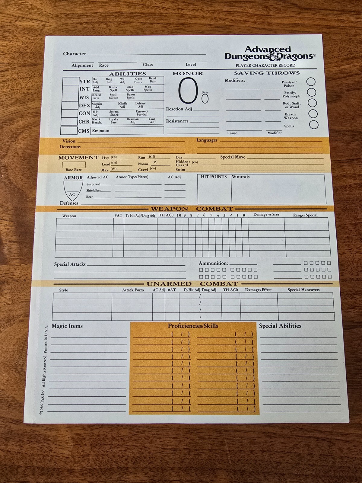 AD&D 1st Edition REF2 Player Character Record Sheet Singles TSR