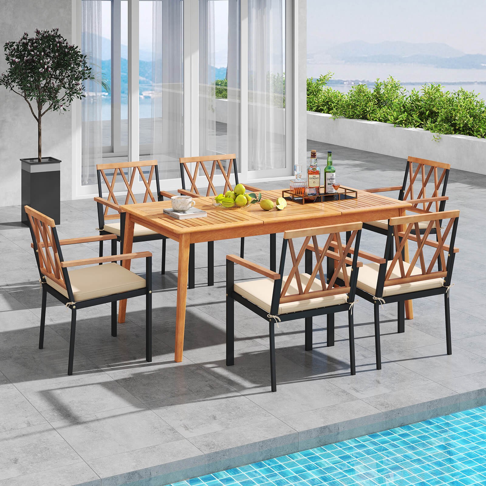 7 PCS Patio Acacia Wood Dining Set w/ Soft Seat Cushions Umbrella Hole Outdoor
