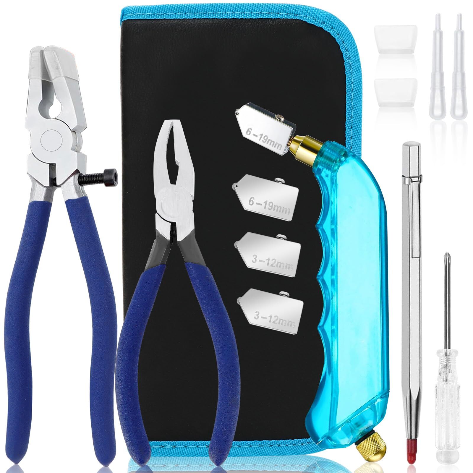 Glass Cutting Tool Kit Includes Blue Grip Oil Feed Glass Cutter With 2 Pliers 3