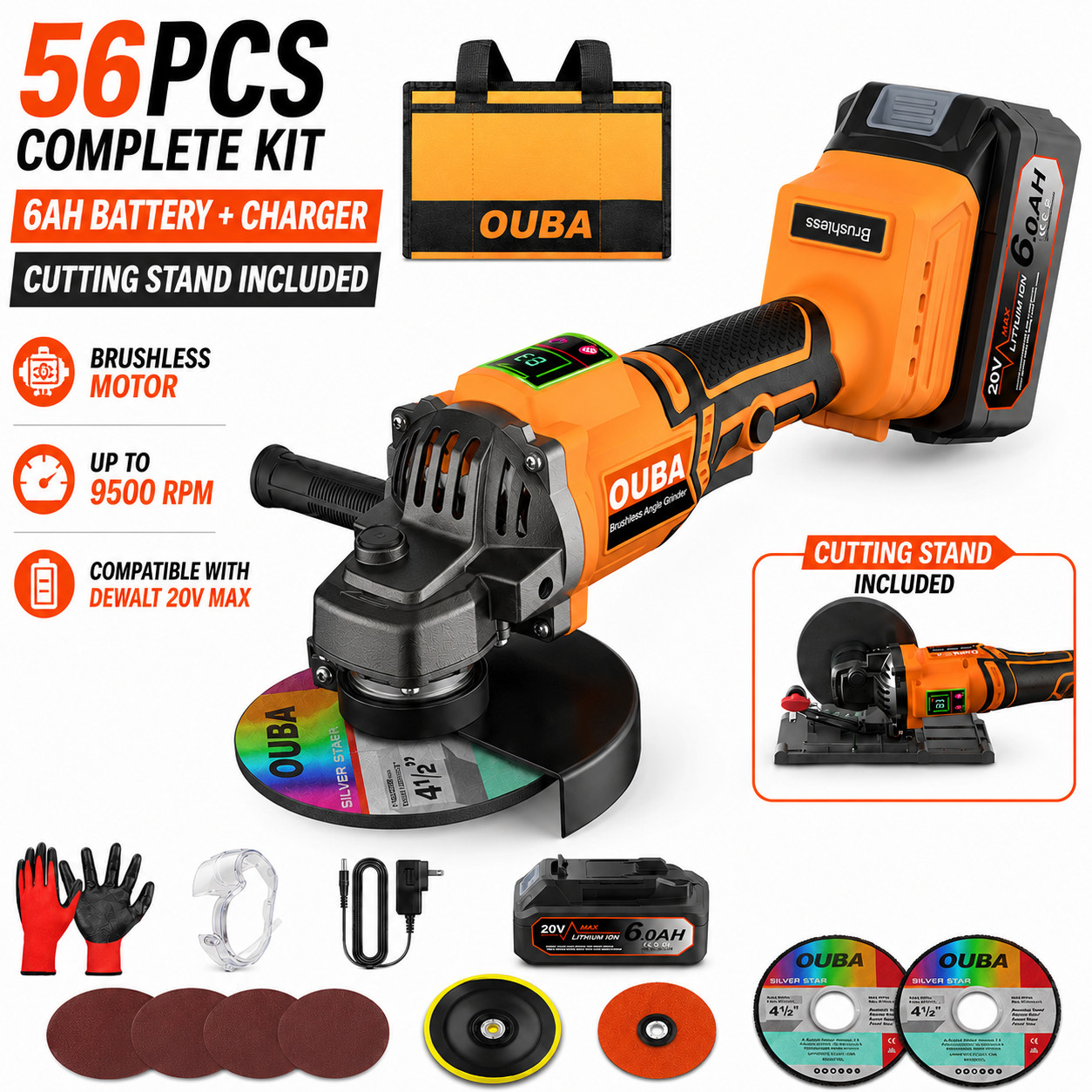 Cordless Angle Grinder for DEWALT 20V 4-1/2"-5" Brushless 56PCS Battery & Stand