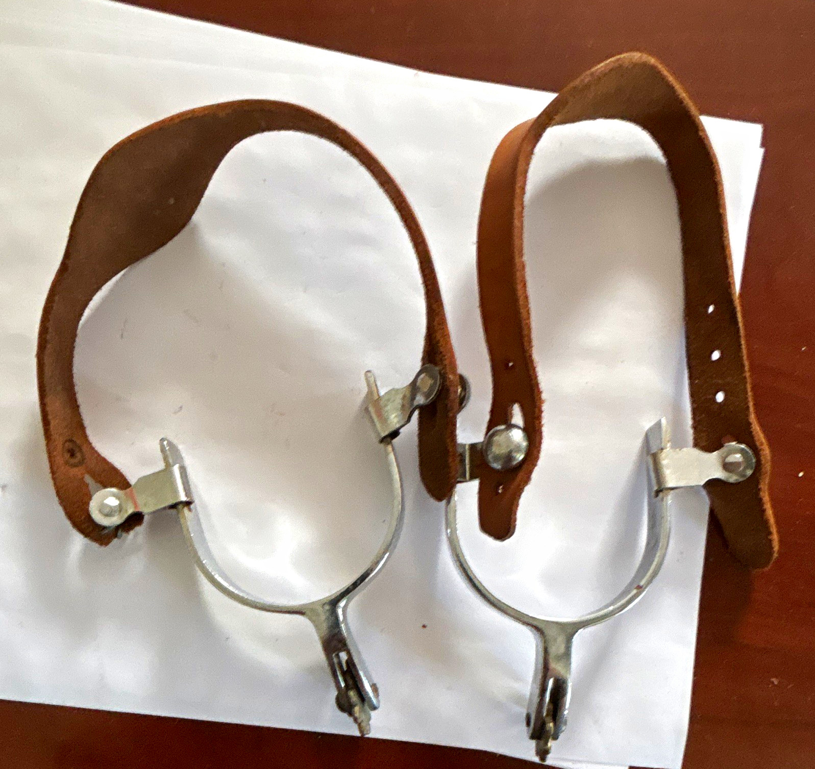 Metal Riding Bumper Spurs Pair with Brown Leather Spur Straps