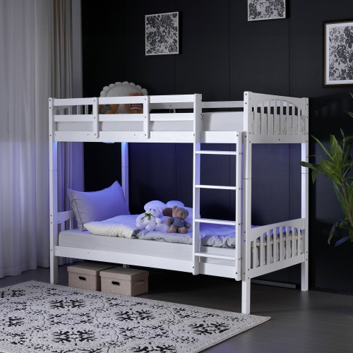 Modern Bunk Bed with LED Lighting & USB Ports, Heavy-Duty Twin Over Twin