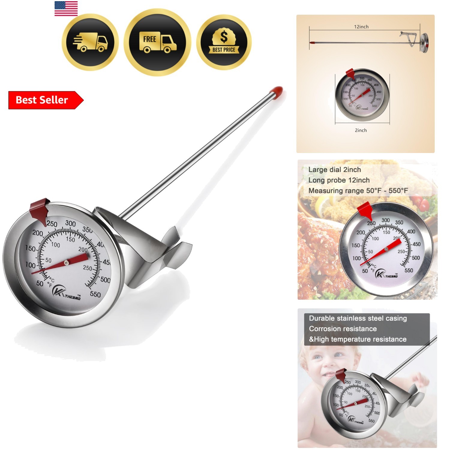 Candy/Deep Fry Thermometer with Instant Read,Dial Thermometer,2" Stainless St...