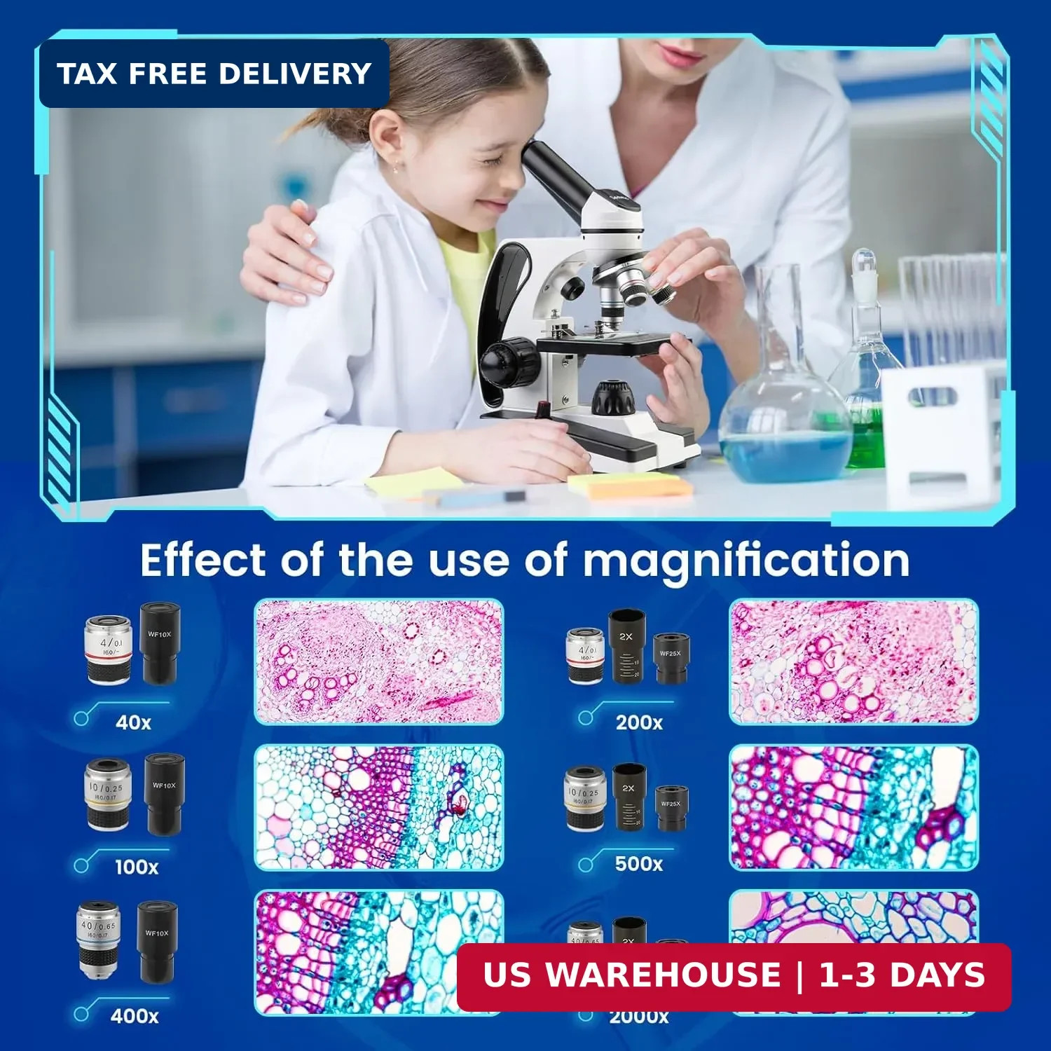 Microscope for Adults Kids 40X-2000X Compound Monocular Microscope for Students
