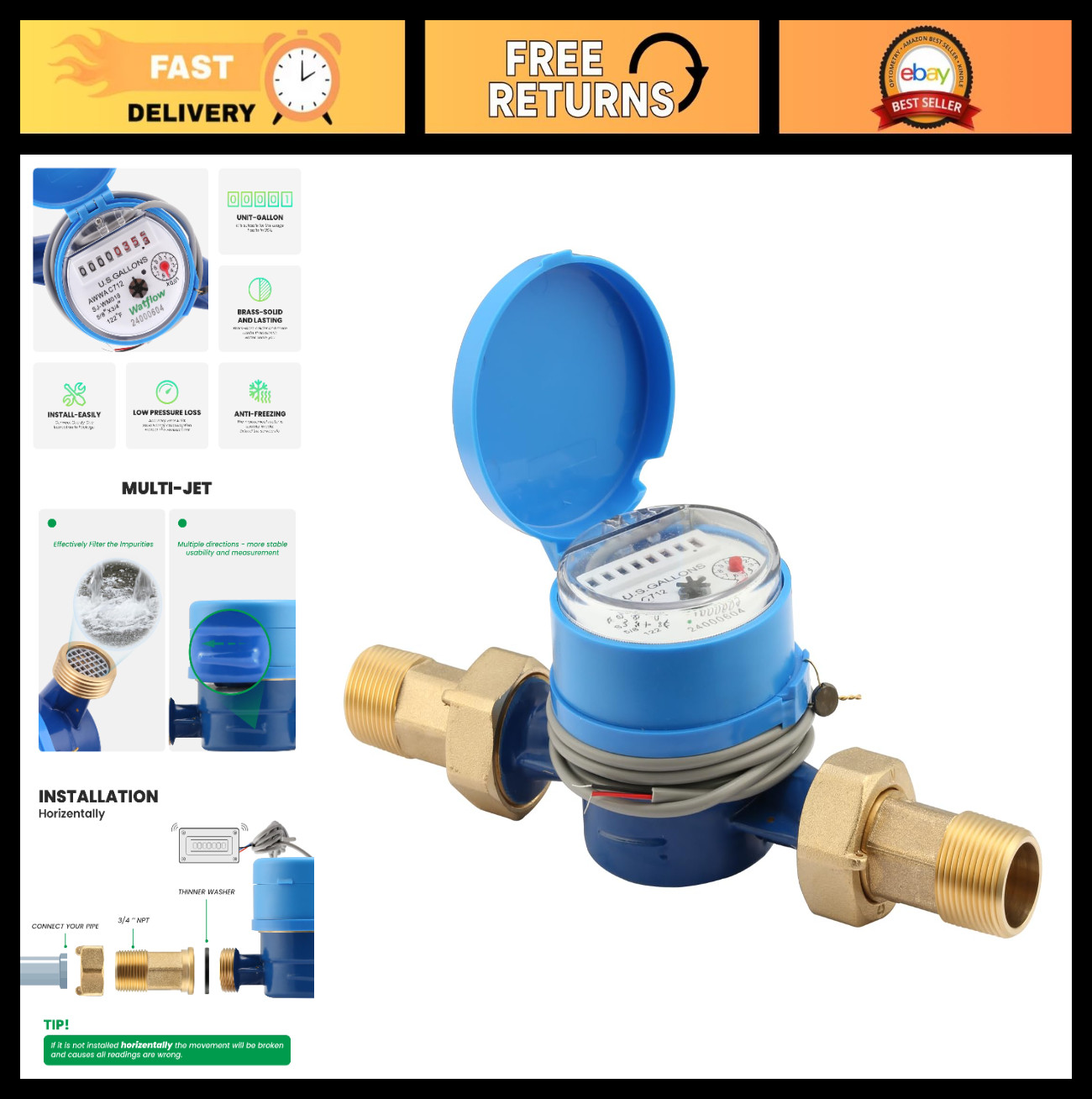 3/4" NPT Water Flow Meter, AWWA C712 Certified, Pulse Output, Cold Water for Hom