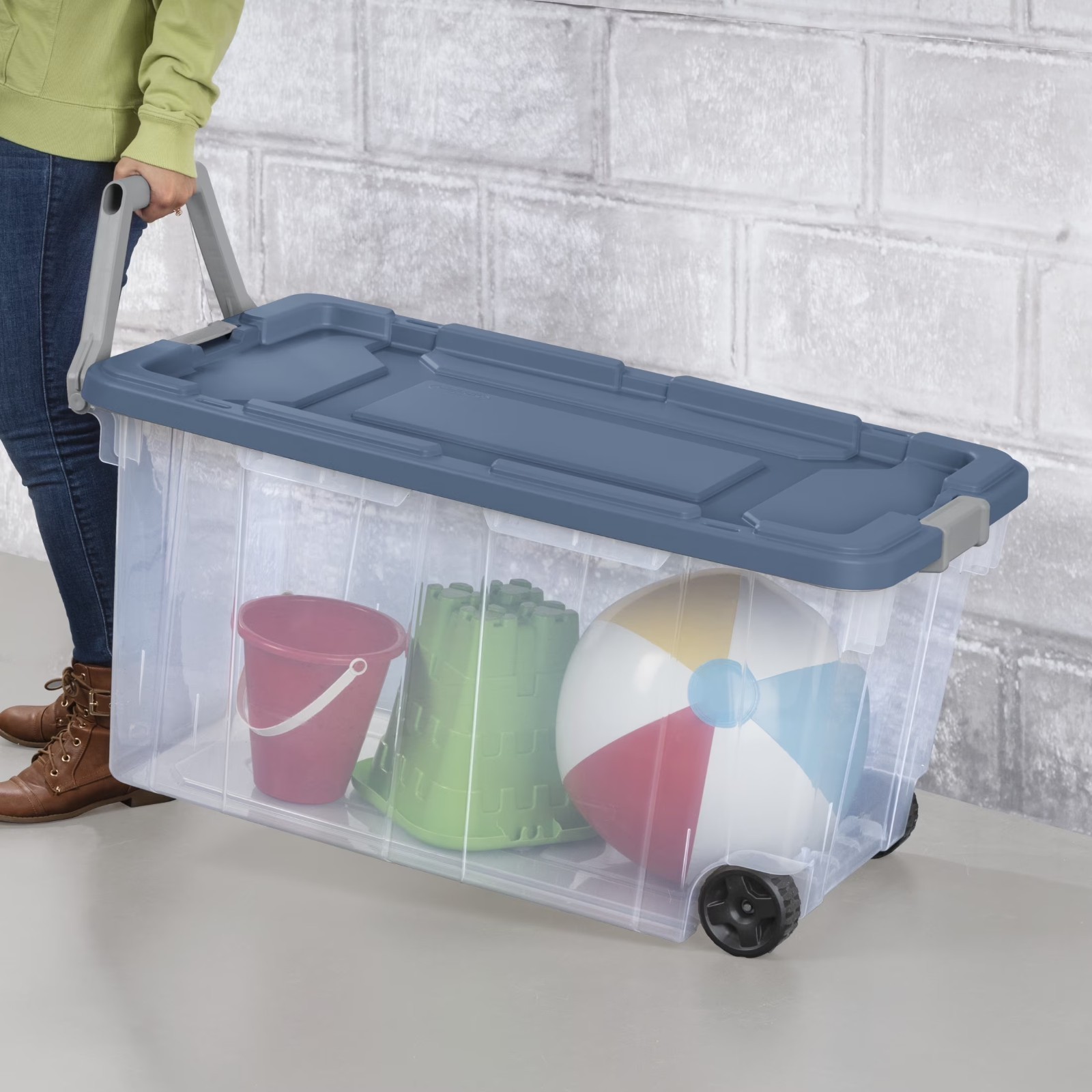 Sterilite 160 Qt Wheeled Storage Bin Clear Blue Latching Lid 4 Pack