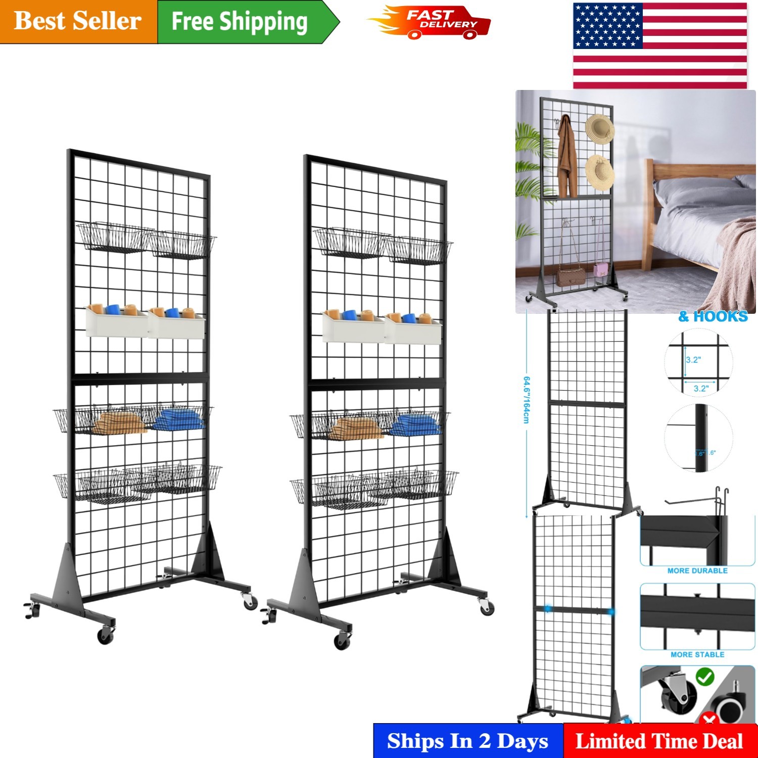 Portable 2-Pack Grid Wall Stands with 50 lbs Capacity - Perfect for Retail Use