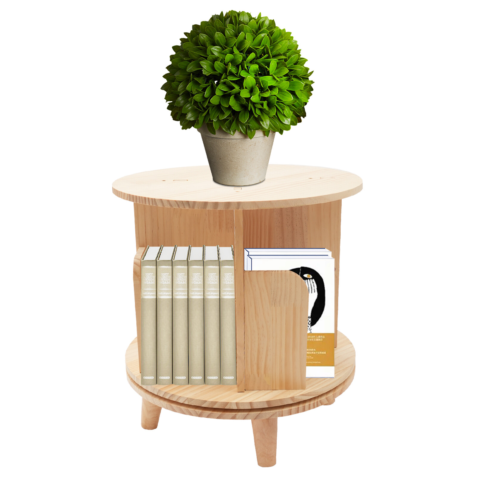 1-tier Floor Standing Solid Wood Single-layer Rotating Bookshelf 31cm H Bookcase