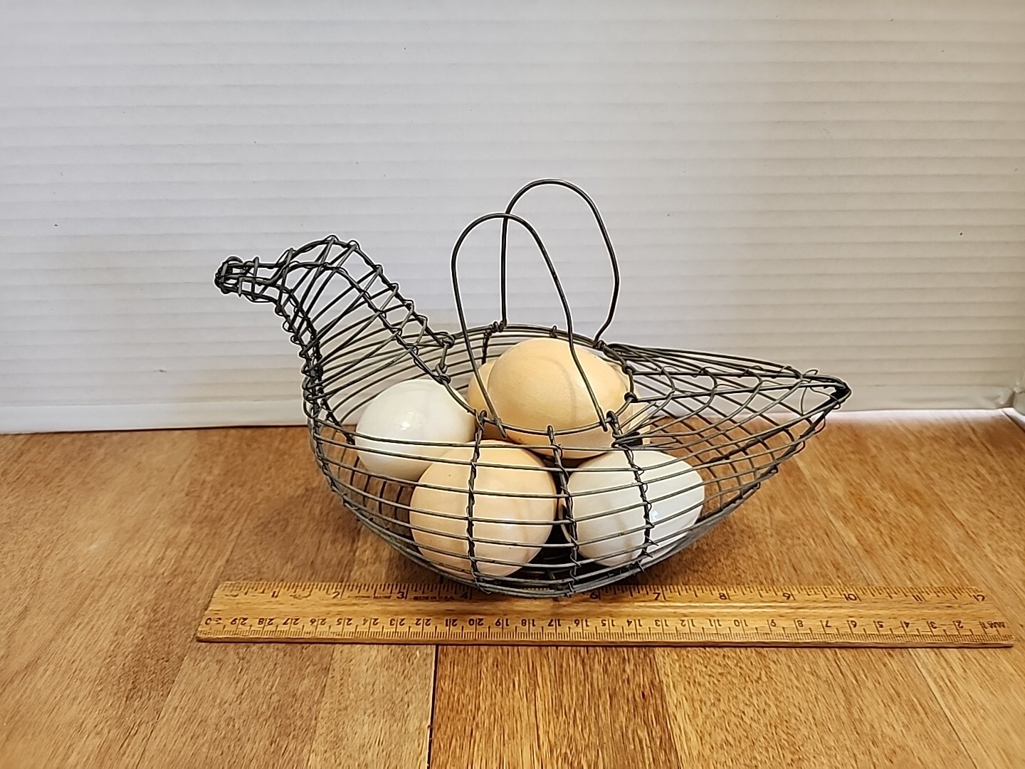 Wire Chicken Basket with Ceramic Eggs 9" x 6" x 6"