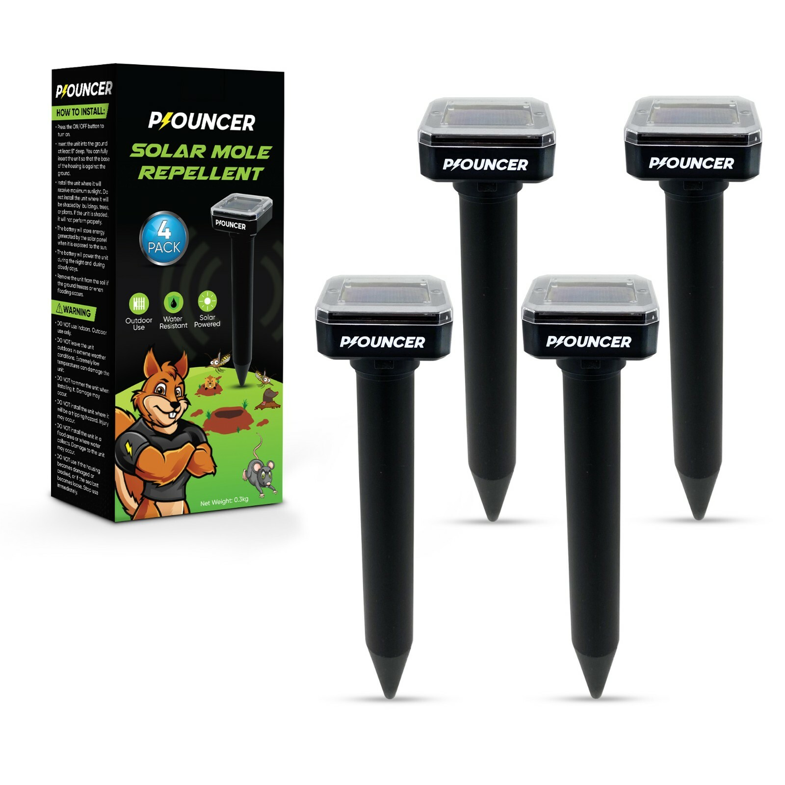 P-OUNCER Solar Mole Repellent (4 Pack): Deter Rats, Mice, Voles and Gophers