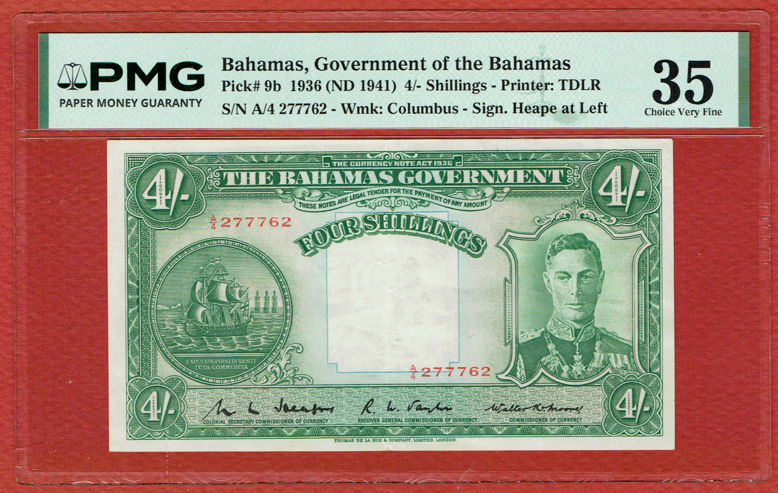 BAHAMAS GOVERNMENT 1936 (ND 1941) 4 SHILLINGS PGM CH VF 35 P-9b